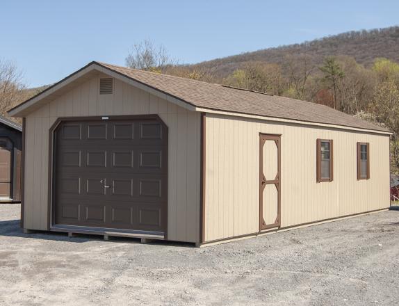 14x40 Peak Style One-Car Garage With Clay LP Siding and Brown Trim From Pine Creek Structures