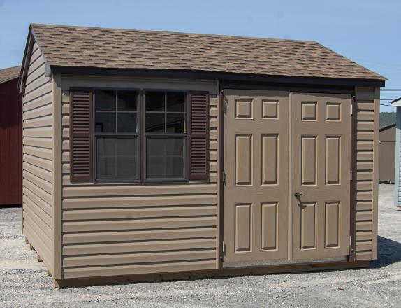 10x12 Peak Shed with Java Brown Vinyl Siding, Dark Brown Trim, and Shingle Roof