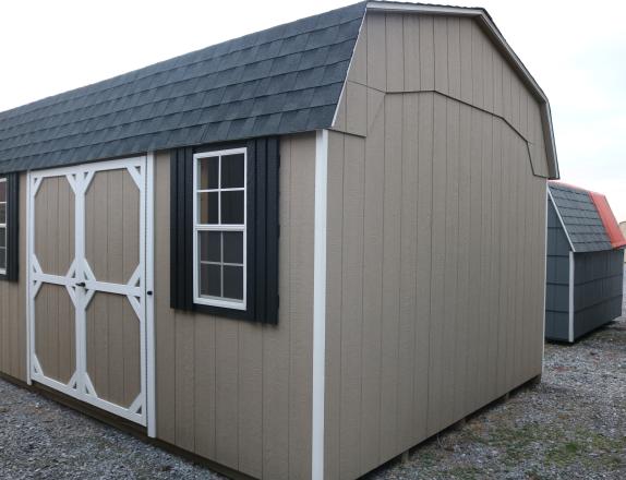 Pine Creek 12x16 HD Dutch Barn with PC Clay walls, White trim and Black shutters, and Charcoal shingles